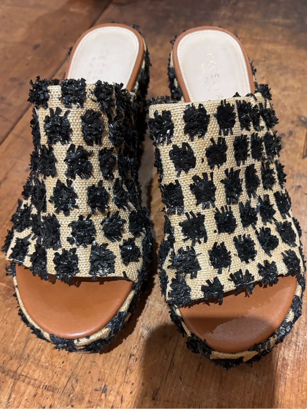 Cecelia New York Frost Platform Wedge Slide Sandals in Black Pom